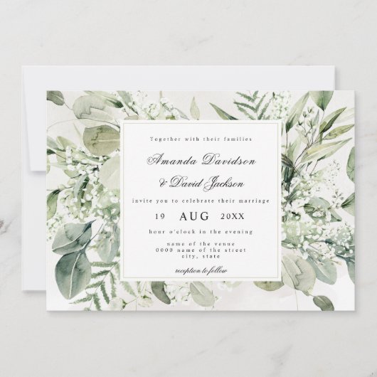 Invitation Élégant feuillage Blanc Floral Boho Mariage (Devant)