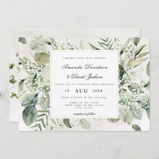 Invitation Élégant feuillage Blanc Floral Boho Mariage (Devant / Derrière)