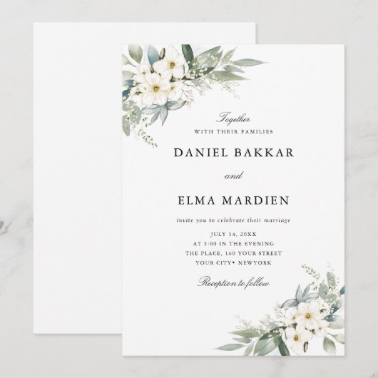 Invitation Élégant Feuillage Bohème Fleurs Aquarelle Mariage (Devant / Derrière)