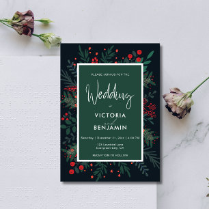 Invitation Élégant feuillage de Noël Rouge et Mariage vert