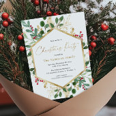 Invitation Élégant feuillage de Noël vert or rouge