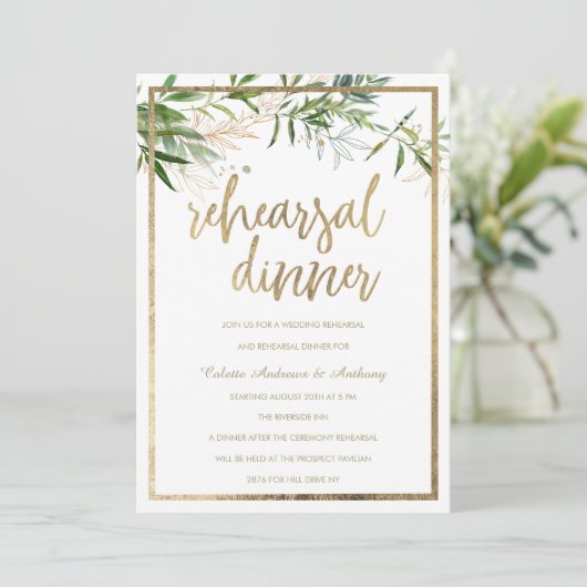 Invitation Élégant feuillage d'or vert blanc Répétition Dîner (Debout devant)
