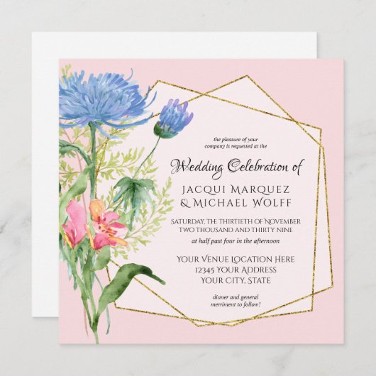 Invitation Élégant feuillage floral Dusty Mariage rose bleu (Devant / Derrière)