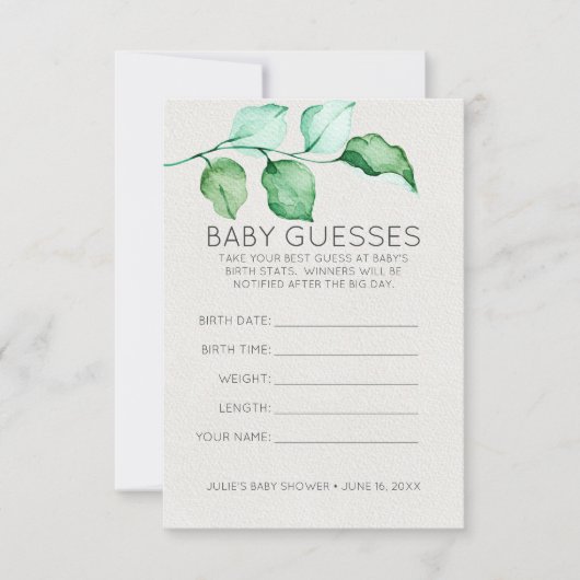 Invitation Élégant feuillage | Jeu de devination baby shower (Devant)