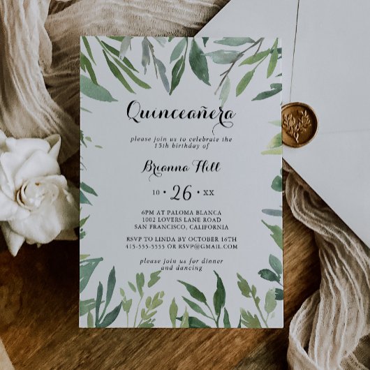 Invitation Élégant feuillage vert tropical Quinceañera