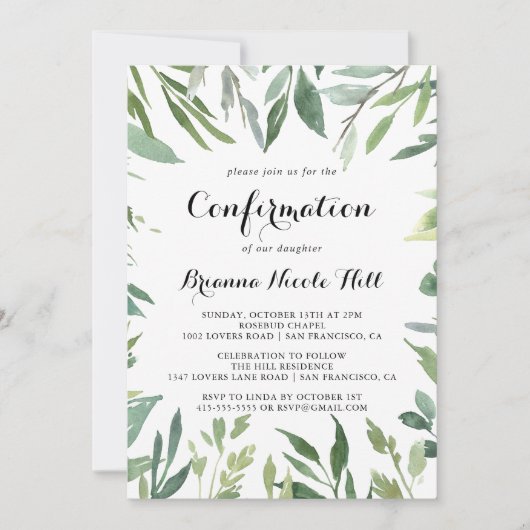 Invitation Élégant feuillage vert tropicale Confirmation (Devant)