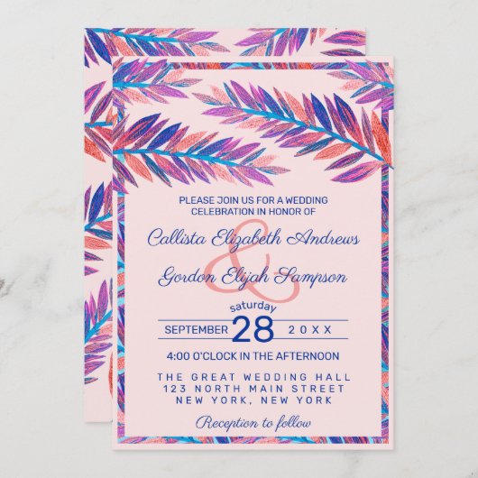 Invitation Élégant Feuille artistique Tropical Acrylique Mari (Devant / Derrière)