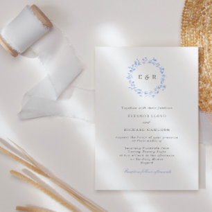 Invitation Élégant Feuille bleu Mariage de monogramme de cour
