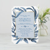 Invitation Élégant Feuille bleu  or Mariage Monogramme (Debout devant)