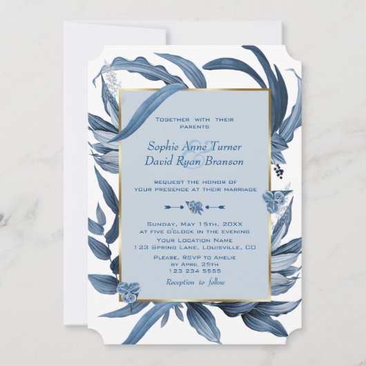 Invitation Élégant Feuille bleu  or Mariage Monogramme (Devant)