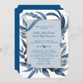 Invitation Élégant Feuille bleu  or Mariage Monogramme (Devant / Derrière)