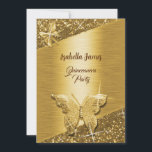 Invitation élégant feuille de parties scintillant scintillant<br><div class="desc">Célébrez votre 15e anniversaire avec ce produit d'invitation branché Quinceañera. Le design se compose d'une parties scintillant élégante et d'un papillon sur feuille qui scintille et brille sur un arrière - plan doré chic. Cette invitation est parfaite pour une soirée raffinée et raffinée. Vous pouvez le customiser avec vos informations...</div>