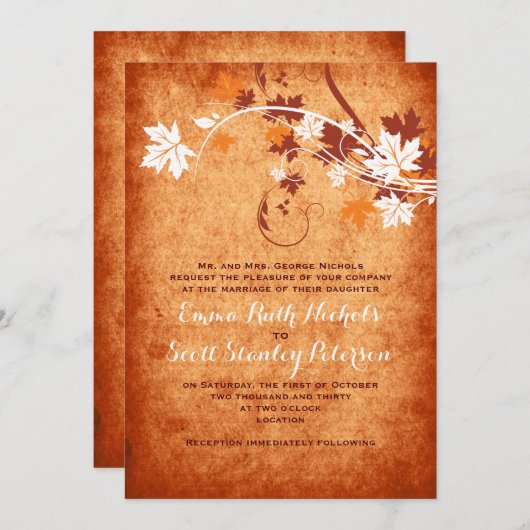 Invitation Élégant feuille d'érable mariage de automne orange (Devant / Derrière)
