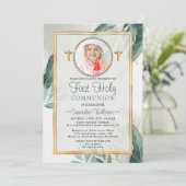 Invitation Élégant Feuille d'or photo première communion (Debout devant)
