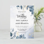 Invitation Elégant Feuille Gold Blue Watercolor Mariage (Debout devant)