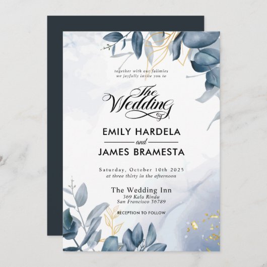 Invitation Elégant Feuille Gold Blue Watercolor Mariage (Devant / Derrière)