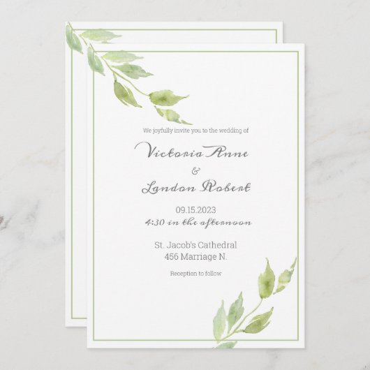 Invitation Elégant Feuille Mariage d'aquarelle (Devant / Derrière)