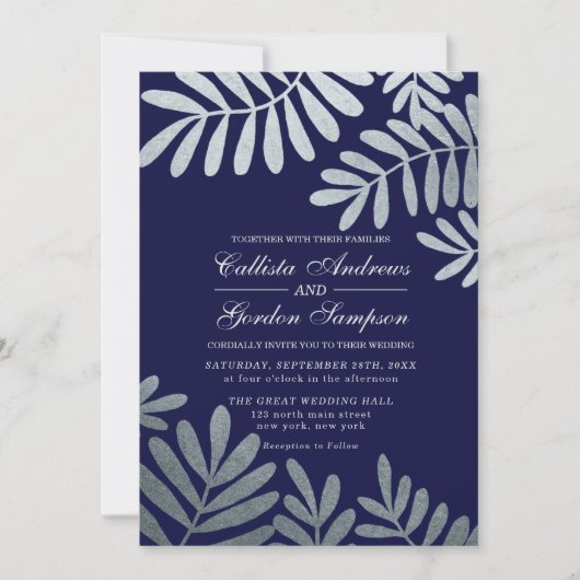 Invitation Élégant Feuille Mariage en argent bleu marine (Devant)