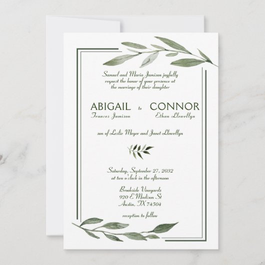 Invitation Élégant Feuille minimaliste Cadre Mariage vert (Devant)