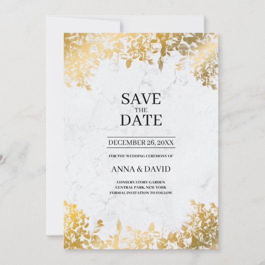 Invitation Élégant Feuille Or Marbre Enregistrer Le Mariage D (Devant)