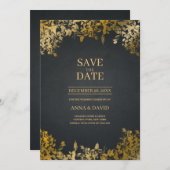 Invitation Élégant Feuille Or, Noir Enregistrer Le Mariage Da (Devant / Derrière)