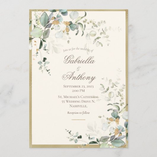 Invitation Élégant Feuille rustique Mariage or verdure (Devant)