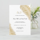 Invitation Élégant feuille tropical blanc et or mariage (Debout devant)