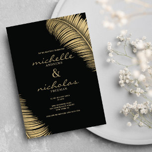 Invitation Élégant feuille tropical noir et or mariage