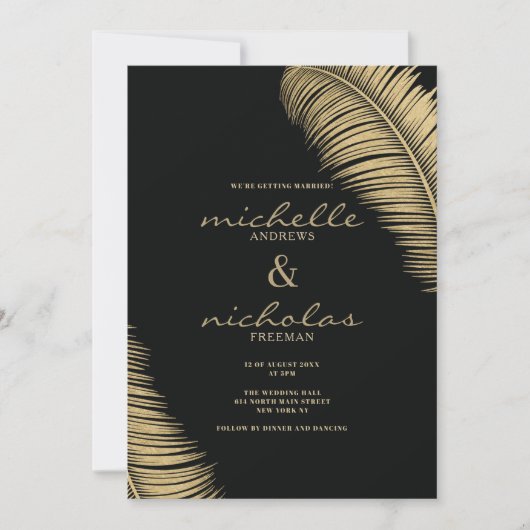 Invitation Élégant feuille tropical noir et or mariage (Devant)