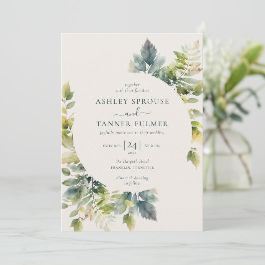 Invitation Élégant Feuille verdure QR Code Mariage photo (Debout devant)