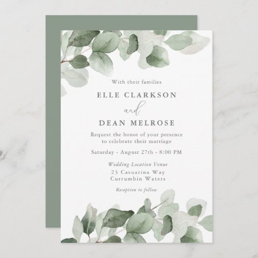 Invitation Élégant Feuille vert Mariage moderne (Devant / Derrière)