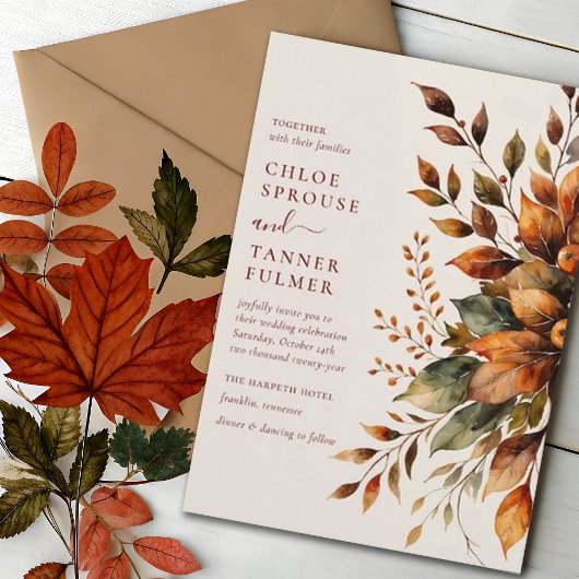 Invitation Élégant Feuilles d'automne Aquarelle Floral Mariag