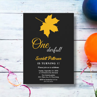 Invitation Élégant feuilles d'automne noires jaunes 1er anniv