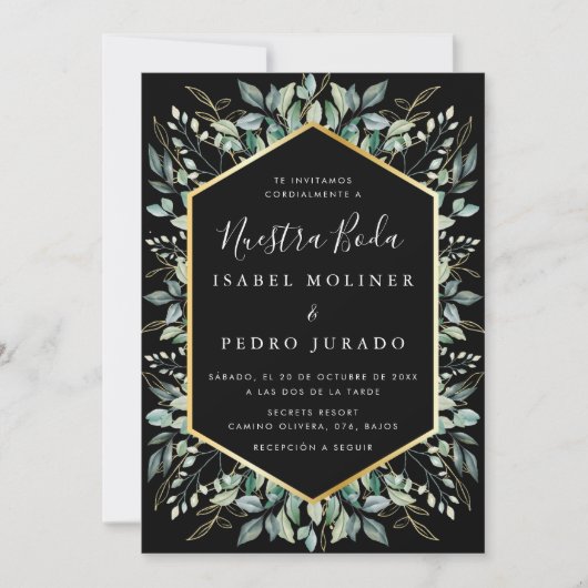 Invitation Élégant Feuilles d'or vert Nuestra Boda Mariage (Devant)