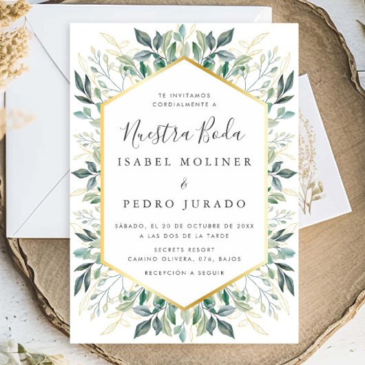 Invitation Élégant Feuilles d'or vert Nuestra Boda Mariage