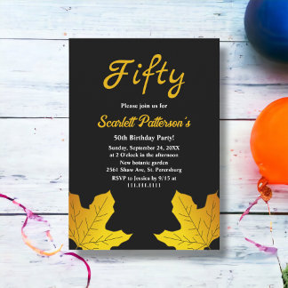 Invitation Élégant Feuilles Noir et Or Automne 50e anniversai