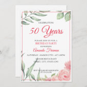 Invitation Elégant Feuilles verts et Rose Rose Maman Annivers (Devant / Derrière)