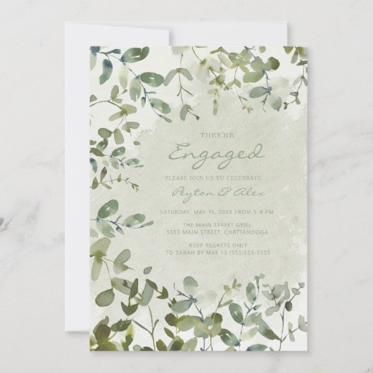 Invitation Elégant Fiançailles blanc Eucalyptus Vert Sage (Devant)