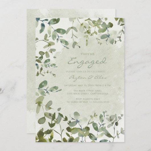Invitation Elégant Fiançailles blanc Eucalyptus Vert Sage (Devant / Derrière)