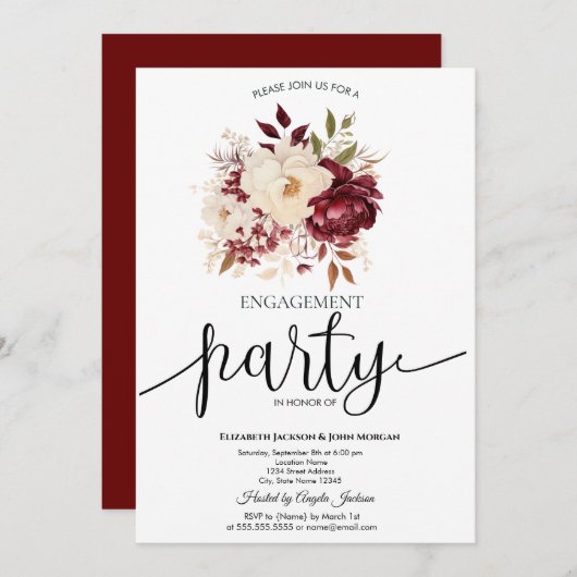 Invitation Élégant Fiançailles de fleurs blanches bordeaux (Devant / Derrière)