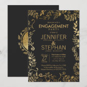 Invitation Élégant Fiançailles floral noir et jaune (Devant / Derrière)