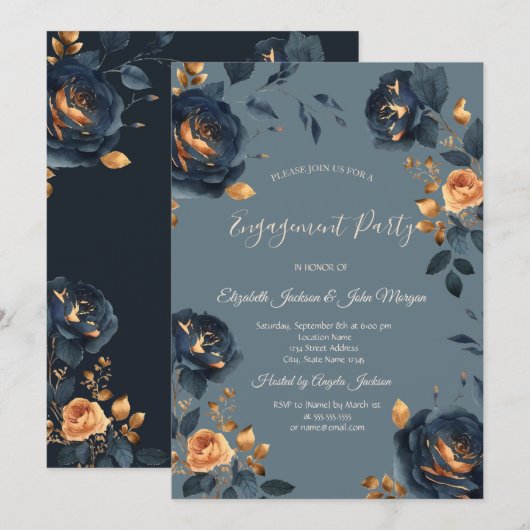 Invitation Elégant Fiançailles Navy Blue Gold Flowers (Devant / Derrière)