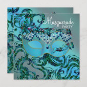 Invitation Élégant Fils Turquoise Blue Masquerade Party (Devant / Derrière)