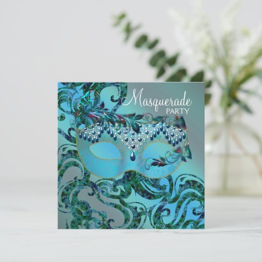 Invitation Élégant Fils Turquoise Blue Masquerade Party (Debout devant)
