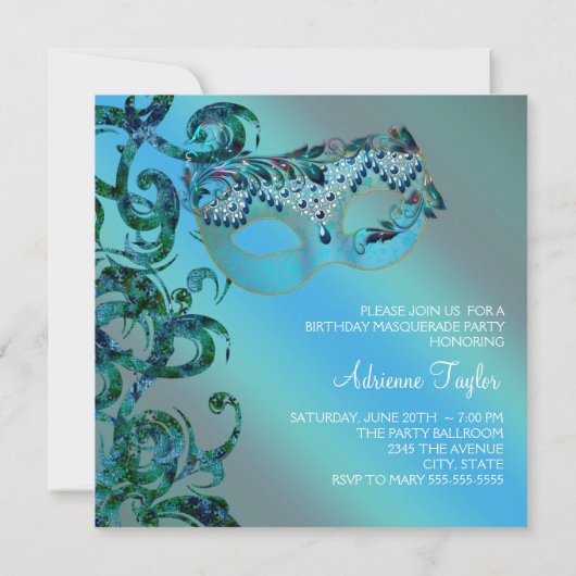 Invitation Élégant Fils Turquoise Blue Masquerade Party (Dos)