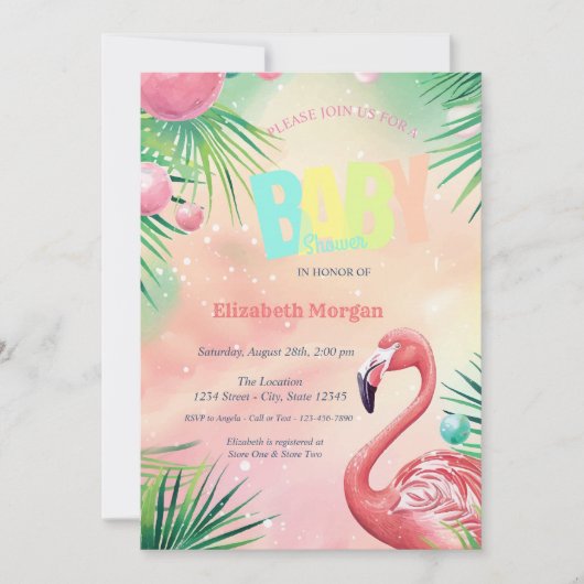Invitation Elégant Flamants roses Palm Baby shower Feuille (Devant)