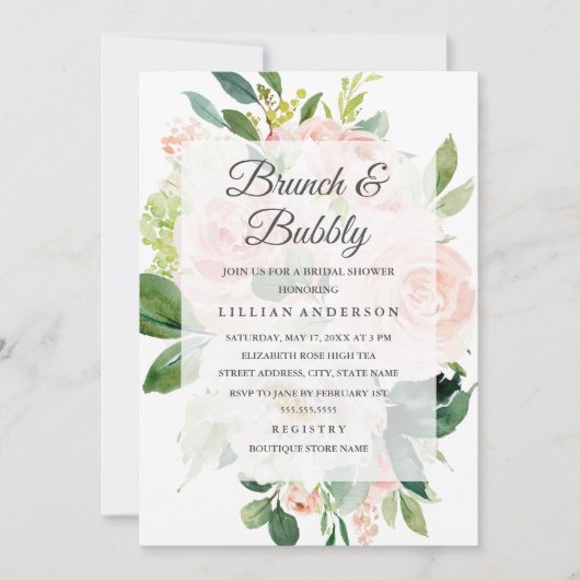 Invitation Élégant Fleur de Pêche Douce Brunch et Bubbly (Devant)