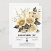 Invitation Elégant Fleur Or et Noir Anniversaire (Devant / Derrière)