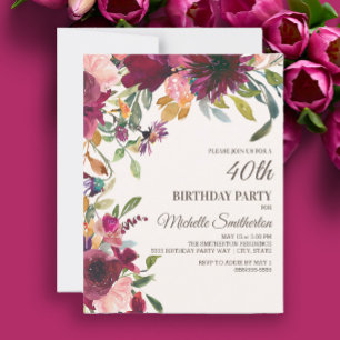 Invitation Elégant Fleur rose violet or 40e anniversaire
