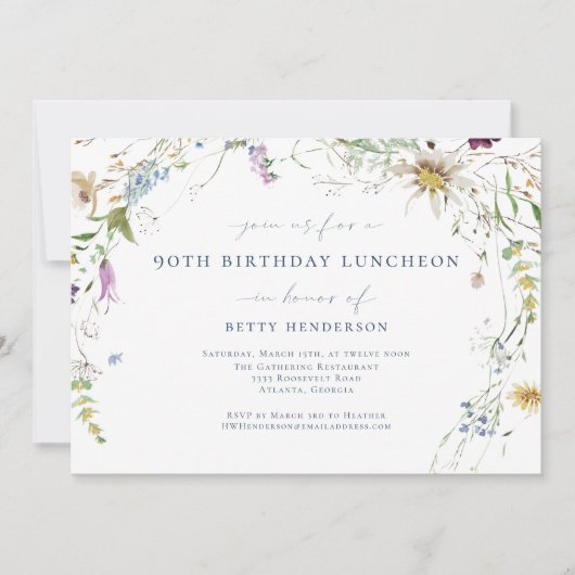 Invitation Elégant Fleur sauvage aquarelle 90e anniversaire (Devant)